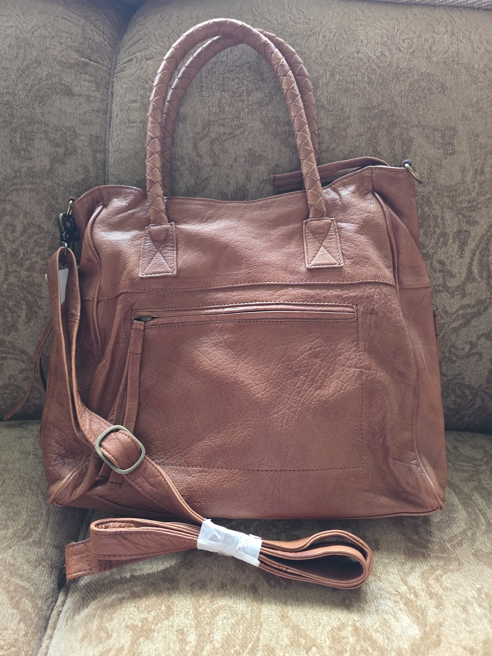 DAY&MOOD Brown Tote Handbag Braided Handles Zip Top Detachable Strap, Pockets